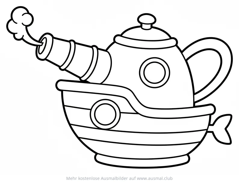 Teekannen Boot Ausmalbild mit Dampfkanone