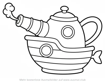 Teekannen Boot Ausmalbild mit Dampfkanone