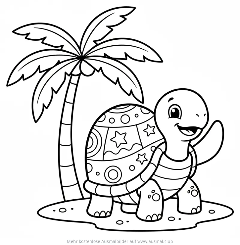 Freundliche Schildkröte unter Palme am Strand Ausmalbild