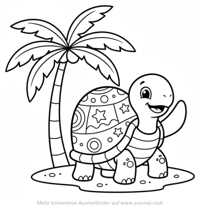 Freundliche Schildkröte unter Palme am Strand Ausmalbild