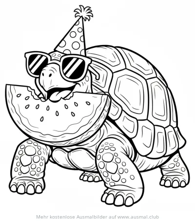 Riesenschildkröte mit Sonnenbrille, Partyhut und Wassermelone Ausmalbild