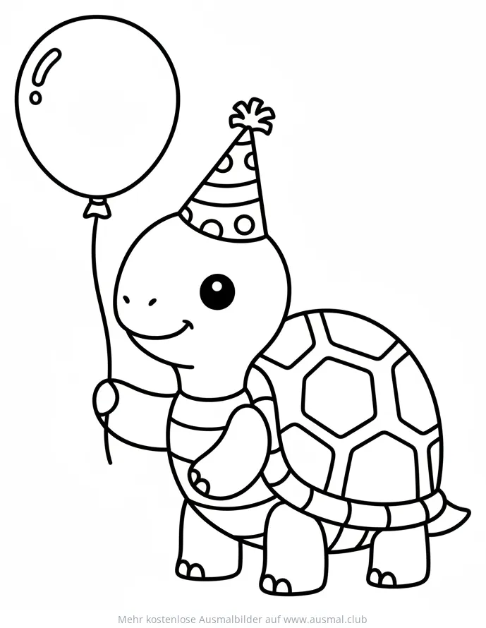 Schildkröte mit Partyhut und Luftballon Ausmalbild