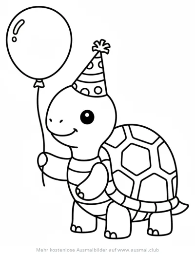 Schildkröte mit Partyhut und Luftballon Ausmalbild