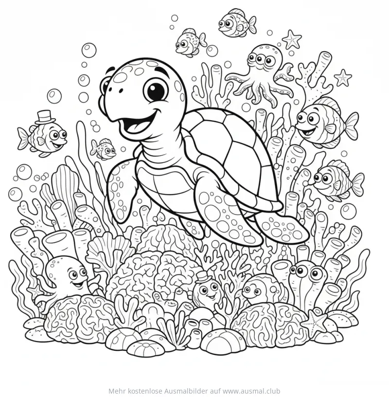 Freundliche Meeresschildkröte im Korallenriff Ausmalbild