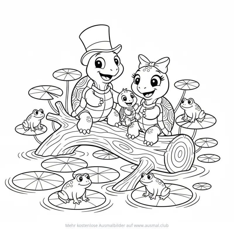 Schildkrötenfamilie mit Fröschen auf Baumstamm Ausmalbild