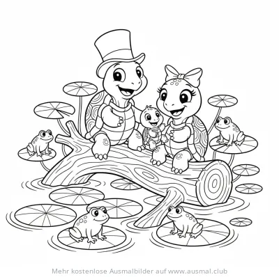 Schildkrötenfamilie mit Fröschen auf Baumstamm Ausmalbild