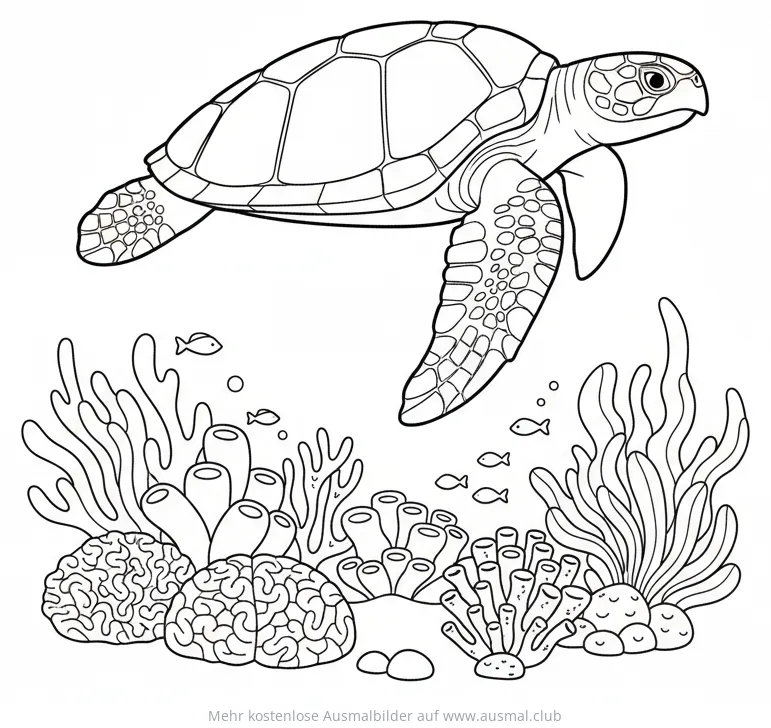 Meeresschildkröte schwimmt über Korallenriff Ausmalbild