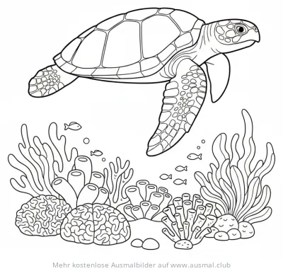 Meeresschildkröte schwimmt über Korallenriff Ausmalbild