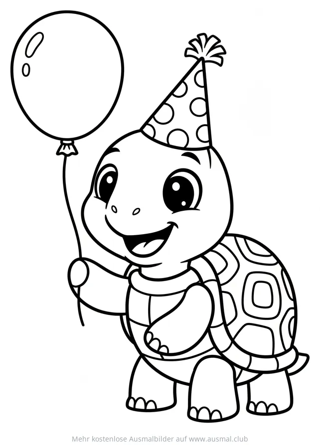 Schildkröte mit Partyhut und Ballon Ausmalbild