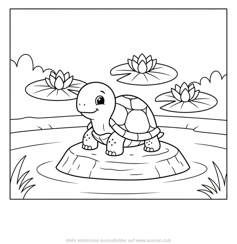 Schildkröte auf Stein im Teich mit Seerosen Ausmalbild