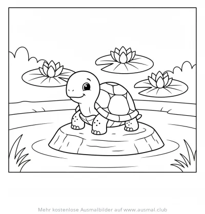 Schildkröte auf Stein im Teich mit Seerosen Ausmalbild