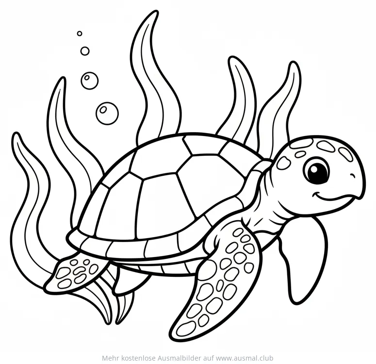 Schildkröte schwimmt zwischen Wasserpflanzen Ausmalbild