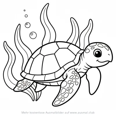 Schildkröte schwimmt zwischen Wasserpflanzen Ausmalbild