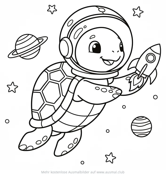 Schildkröte als Astronaut mit Rakete und Planeten Ausmalbild