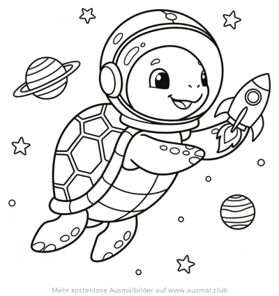 Schildkröte als Astronaut mit Rakete und Planeten Ausmalbild