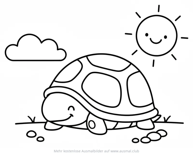 Freundliche Schildkröte versteckt sich unter lächelnder Sonne Ausmalbild