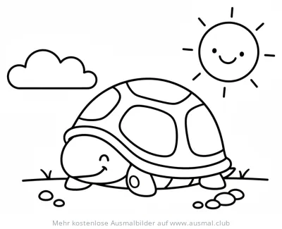 Freundliche Schildkröte versteckt sich unter lächelnder Sonne Ausmalbild