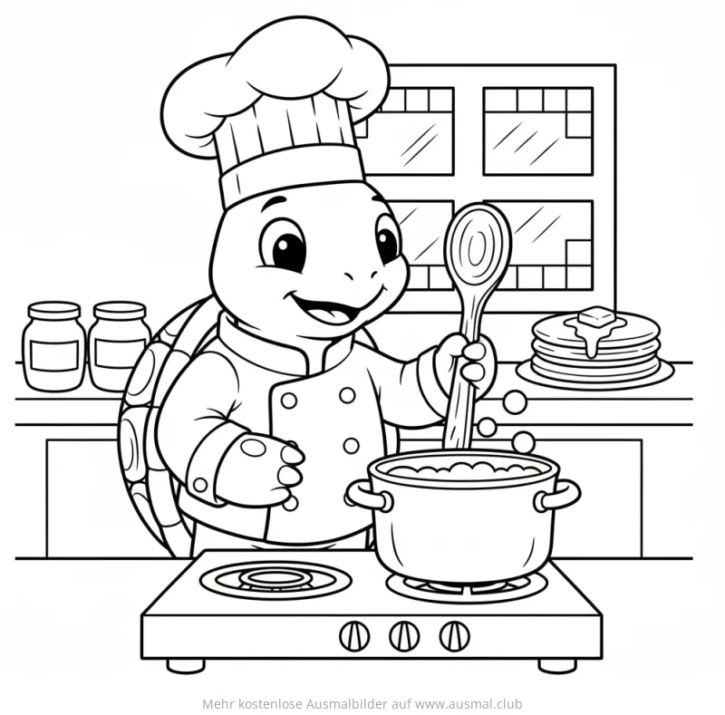 Schildkröte als Koch mit Kochlöffel und Topf Ausmalbild