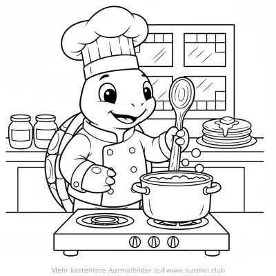 Schildkröte als Koch mit Kochlöffel und Topf Ausmalbild