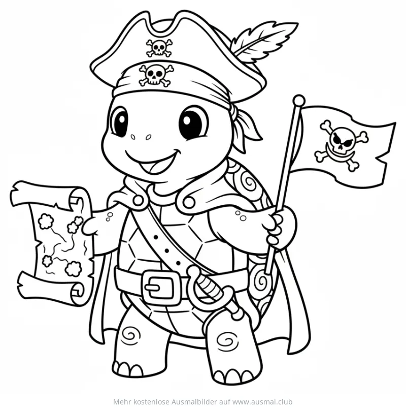 Piraten Schildkröte mit Schatzkarte und Piratenflagge Ausmalbild