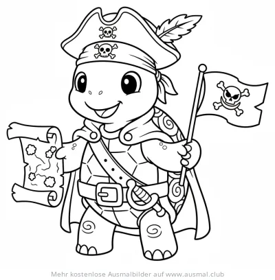 Piraten Schildkröte mit Schatzkarte und Piratenflagge Ausmalbild