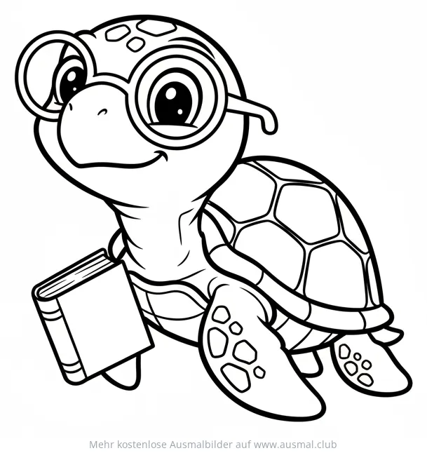 Schildkröte mit Brille und Buch Ausmalbild