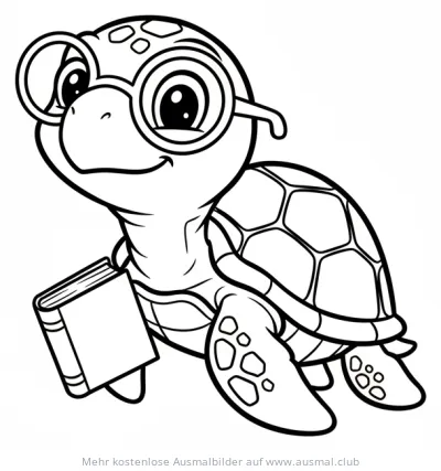 Schildkröte mit Brille und Buch Ausmalbild