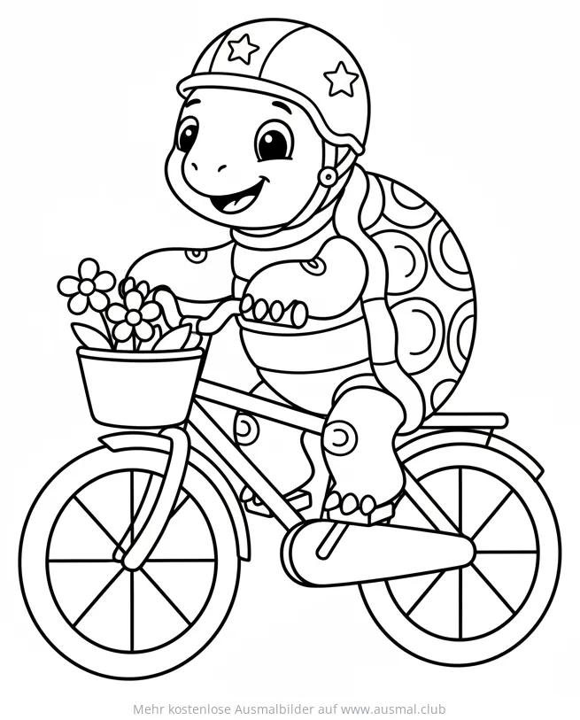 Schildkröte mit Helm auf Fahrrad mit Blumen Ausmalbild