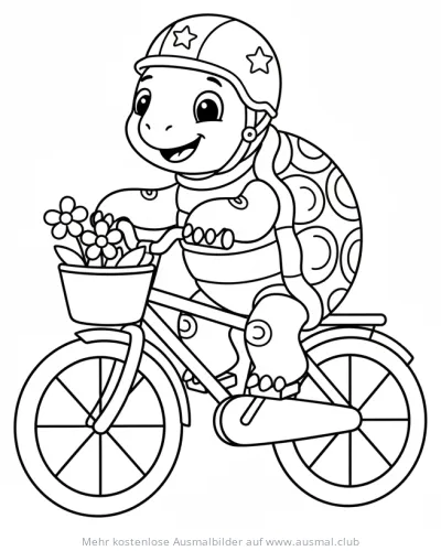 Schildkröte mit Helm auf Fahrrad mit Blumen Ausmalbild