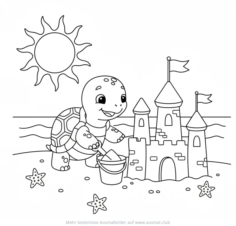 Schildkröte baut Sandburg am Strand Ausmalbild