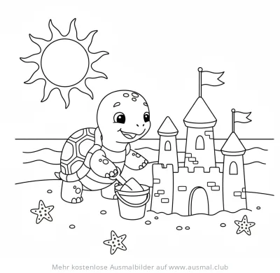 Schildkröte baut Sandburg am Strand Ausmalbild
