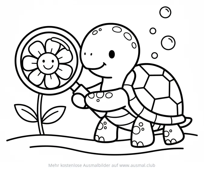 Schildkröte betrachtet lächelnde Blume Ausmalbild