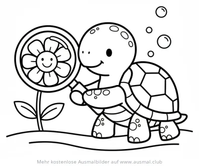Schildkröte betrachtet lächelnde Blume Ausmalbild