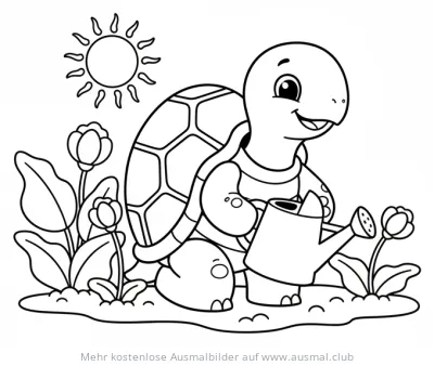 Schildkröte mit Gießkanne im Garten Ausmalbild