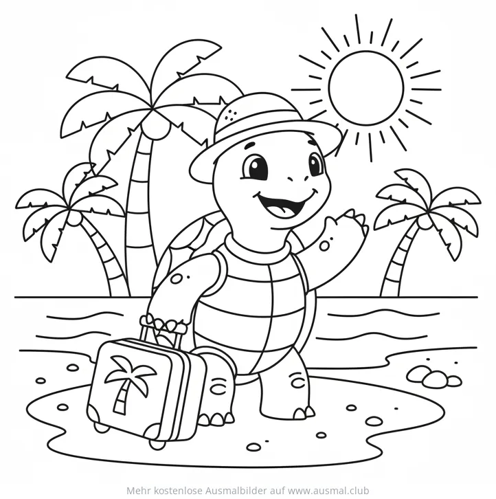 Schildkröte mit Koffer am Strand Ausmalbild