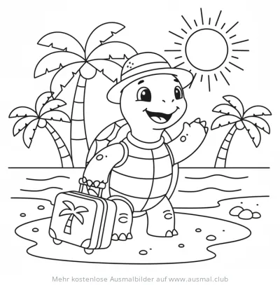 Schildkröte mit Koffer am Strand Ausmalbild