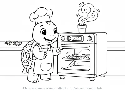 Schildkröte als Bäcker vor Ofen mit Keksen Ausmalbild