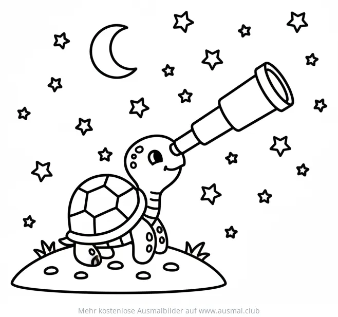 Schildkröte schaut mit Teleskop in den Sternenhimmel Ausmalbild