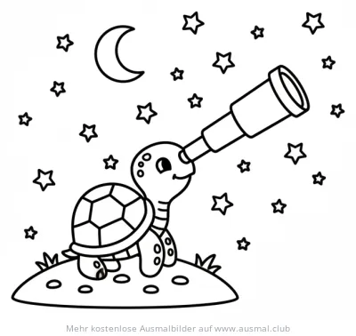 Schildkröte schaut mit Teleskop in den Sternenhimmel Ausmalbild