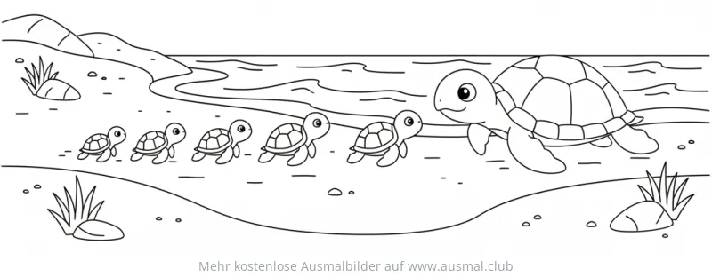 Schildkröten Mama mit fünf Babys auf dem Weg zum Meer Ausmalbild
