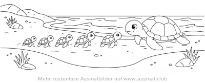 Schildkröten Mama mit fünf Babys auf dem Weg zum Meer Ausmalbild