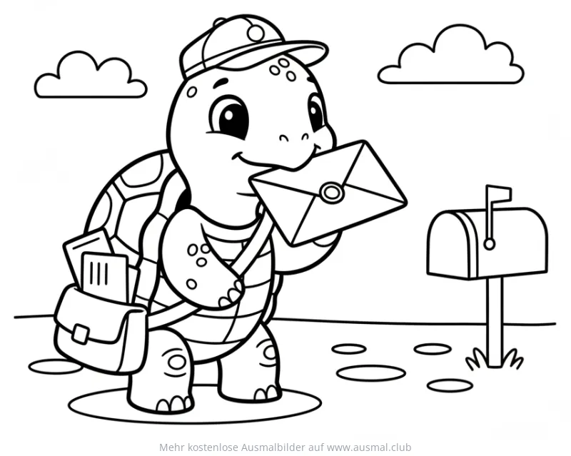 Schildkröte als Postbote mit Brief und Posttasche Ausmalbild