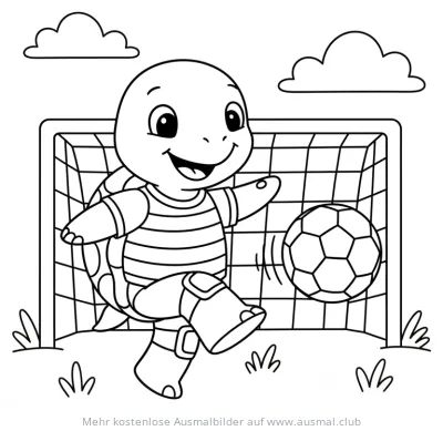 Schildkröte spielt Fussball vor einem Tor Ausmalbild