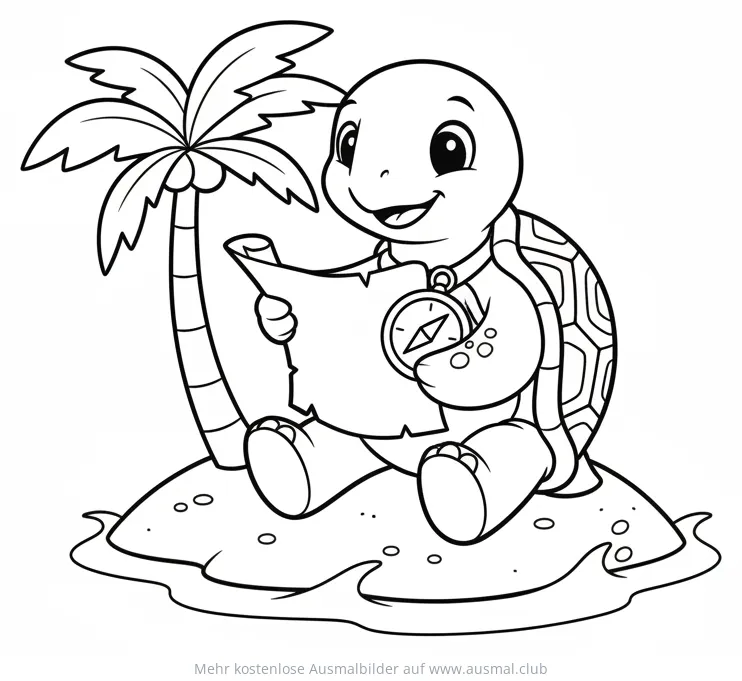 Schildkröte mit Schatzkarte auf Insel Ausmalbild