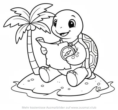 Schildkröte mit Schatzkarte auf Insel Ausmalbild