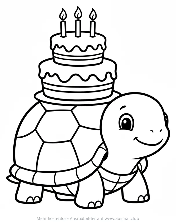 Schildkröte mit Geburtstagskuchen Ausmalbild