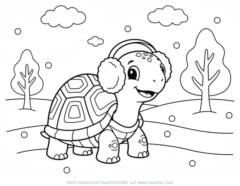Schildkröte mit Ohrenschützern im Schnee Ausmalbild