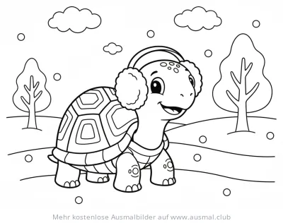 Schildkröte mit Ohrenschützern im Schnee Ausmalbild