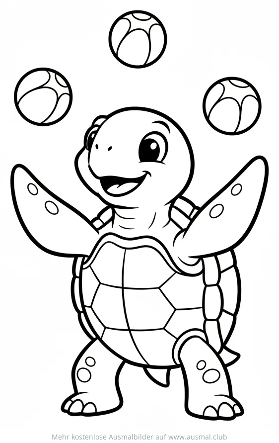 Jonglierende Schildkröte Ausmalbild mit drei Bällen
