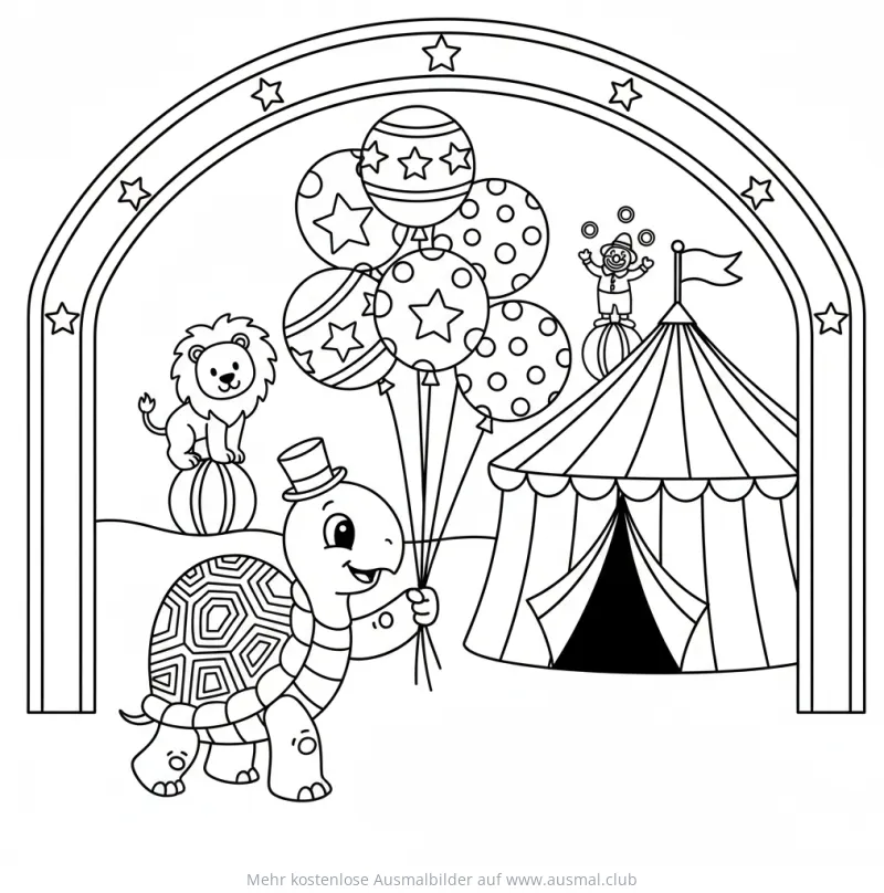Zirkus Schildkröte mit Luftballons Ausmalbild